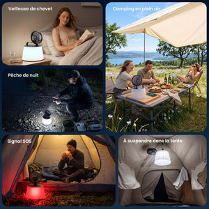 Ventilateur-lampe gonflable utilisé comme veilleuse de chevet, pour le camping et la pêche de nuit, comme signal SOS et suspendu à l’intérieur d’une tente.