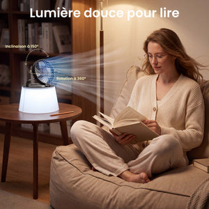 Ventilateur-lampe gonflable offrant une lumière douce et un flux d’air réglable pour la lecture, avec une tête inclinable à 150° et orientable à 360°.