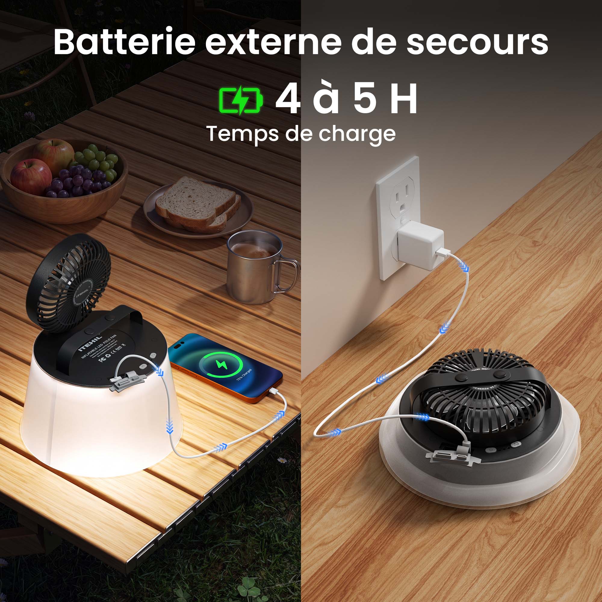 Ventilateur-lampe gonflable présenté en cours de recharge sur une prise murale et utilisé comme batterie externe pour recharger un smartphone, avec un temps de charge complète de 4 à 5 heures.