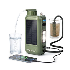 Mini système de filtration d’eau ITEHIL avec alimentation solaire portable et éclairage intégré.