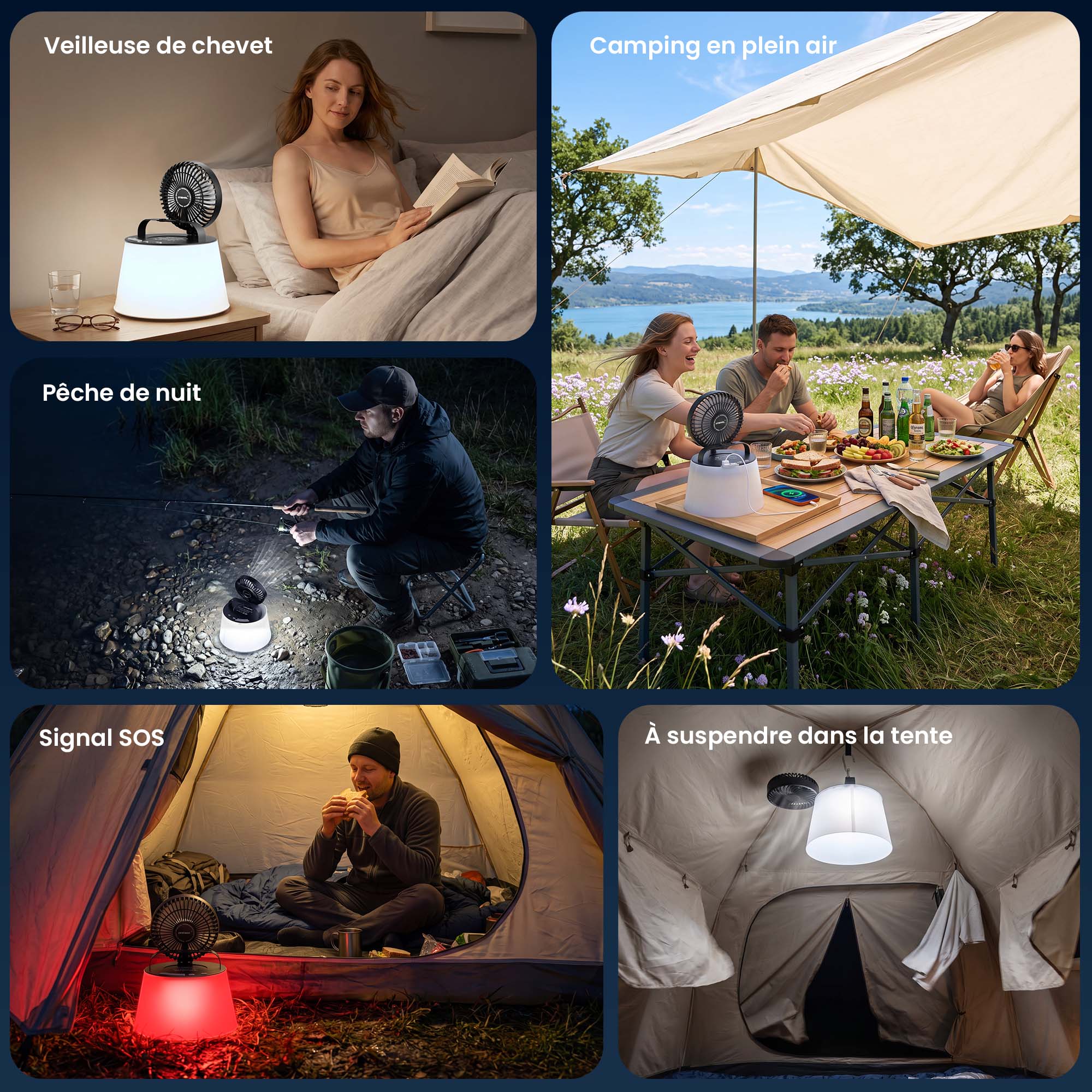 Ventilateur-lampe gonflable utilisé comme veilleuse de chevet, pour le camping et la pêche de nuit, comme signal SOS et suspendu à l’intérieur d’une tente.