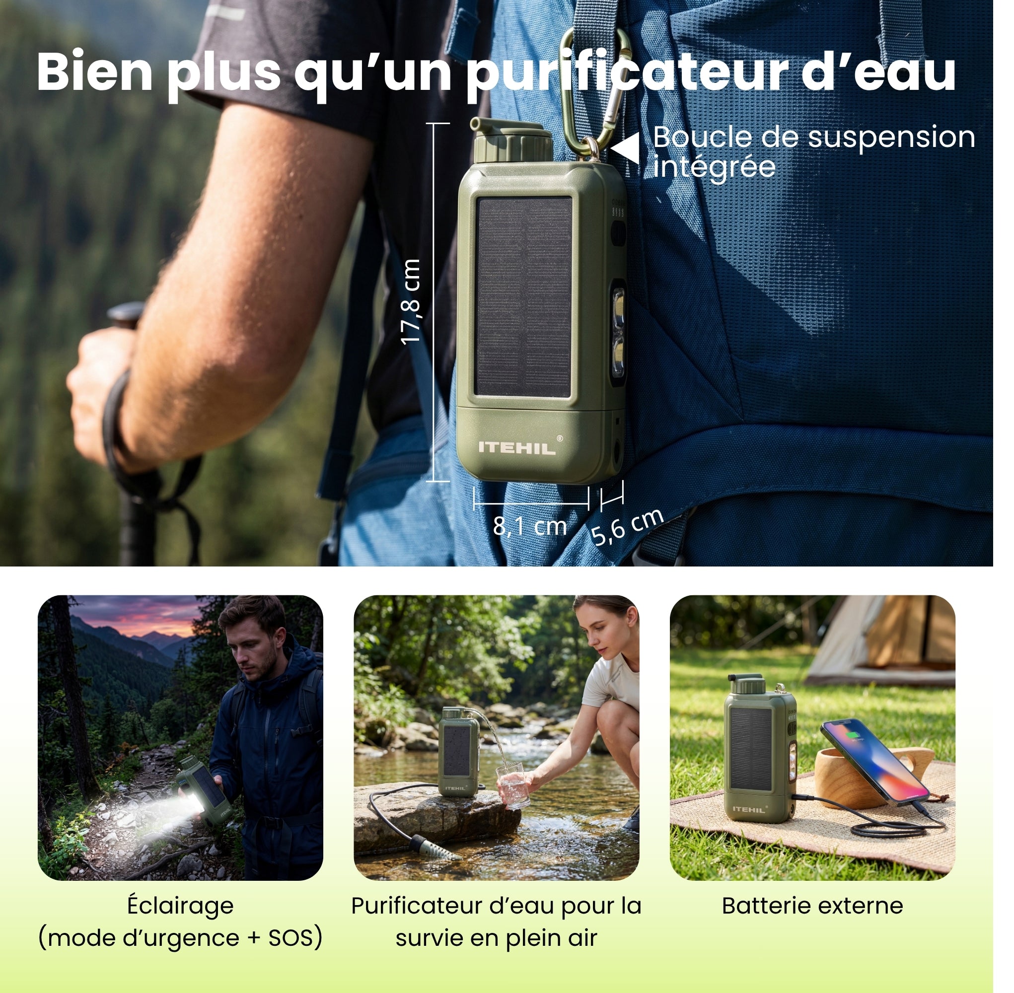 Purificateur d’eau avec boucle de suspension intégrée, éclairage et fonction batterie externe, conçu pour une utilisation en plein air.