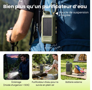 Purificateur d’eau avec boucle de suspension intégrée, éclairage et fonction batterie externe, conçu pour une utilisation en plein air.