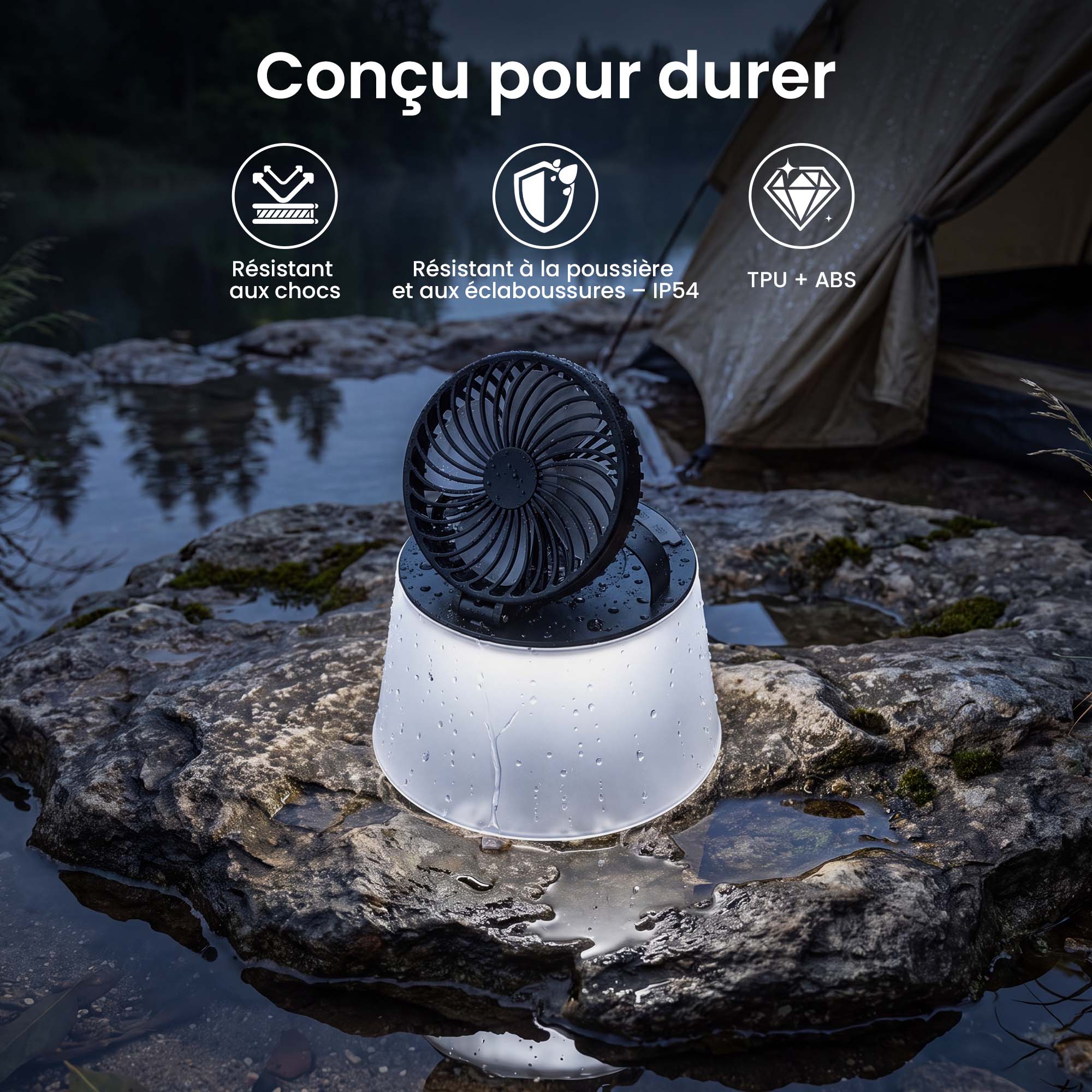 Ventilateur-lampe gonflable résistant aux chocs, doté d’une protection IP54 contre la poussière et les éclaboussures, avec une structure robuste en TPU et ABS.