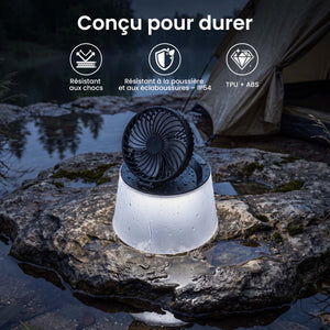 Ventilateur-lampe gonflable résistant aux chocs, doté d’une protection IP54 contre la poussière et les éclaboussures, avec une structure robuste en TPU et ABS.
