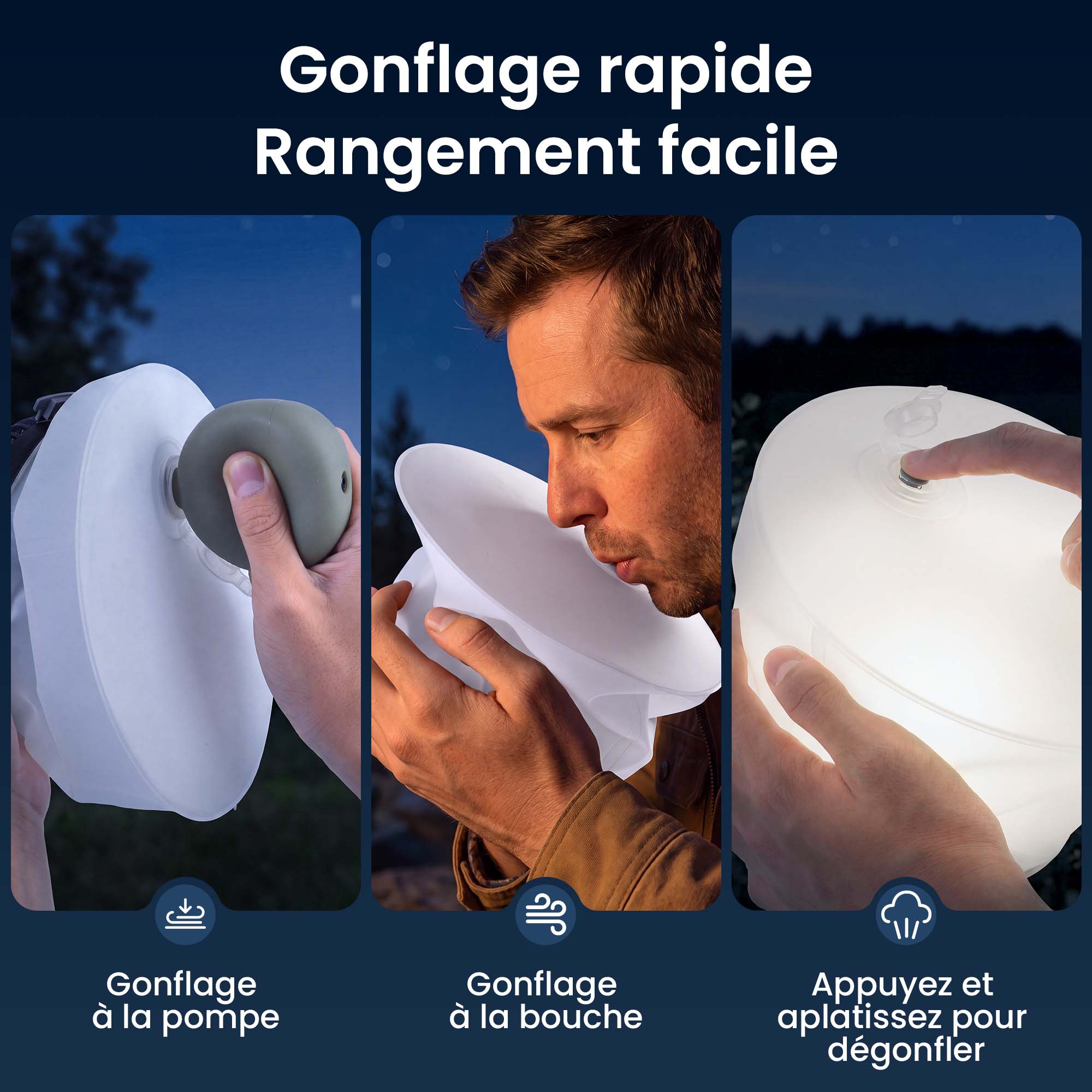 Ventilateur-lampe gonflable présenté en cours de gonflage à l’aide d’une pompe ou à la bouche, puis dégonflé en appuyant sur la valve et en aplatissant la base pour faciliter le rangement et le transport.