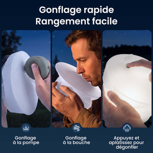 Ventilateur-lampe gonflable présenté en cours de gonflage à l’aide d’une pompe ou à la bouche, puis dégonflé en appuyant sur la valve et en aplatissant la base pour faciliter le rangement et le transport.