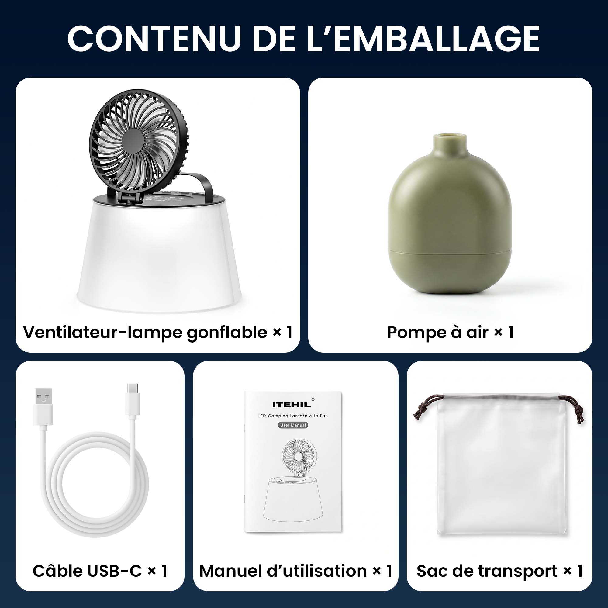 Contenu de l’emballage du ventilateur-lampe gonflable : un ventilateur-lampe gonflable, une pompe à air, un câble USB-C, un manuel d’utilisation et un sac de transport.