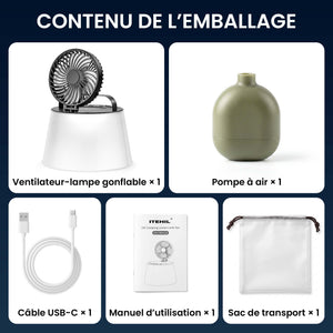 Contenu de l’emballage du ventilateur-lampe gonflable : un ventilateur-lampe gonflable, une pompe à air, un câble USB-C, un manuel d’utilisation et un sac de transport.